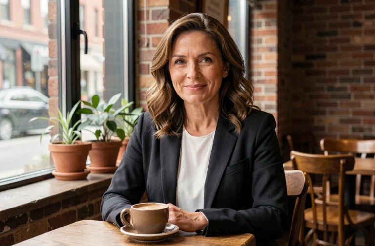 Portrait d'une femme élégante et confiante dans un café urbain chaleureux, évoquant le parcours inspirant de Melissa Womer
