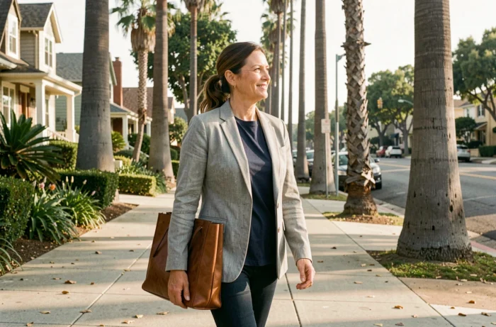 Femme dynamique et élégante marchant dans un quartier résidentiel de Los Angeles, symbolisant le nouveau départ et la carrière de Melissa Womer