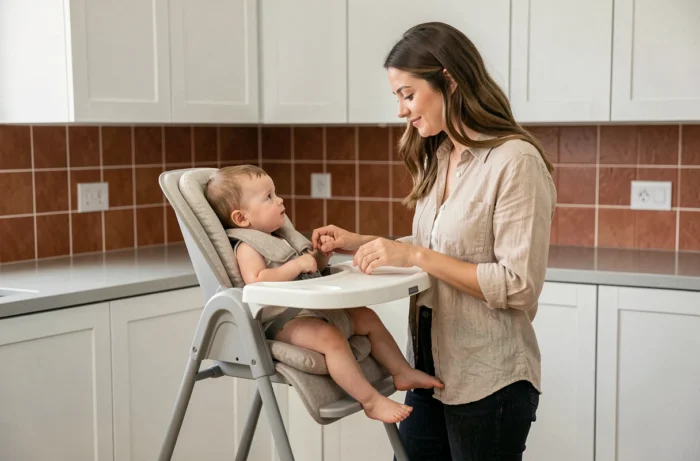 Mère interagissant avec son bébé installé dans un transat haut de type chaise de repas dans une cuisine moderne aux tons chauds