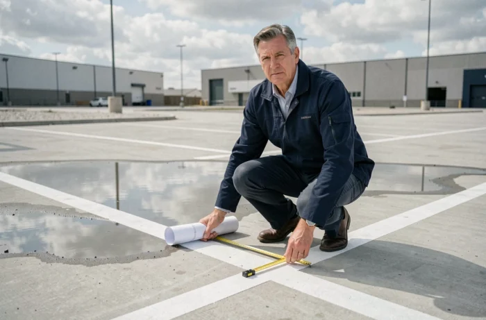Technicien mesurant les dimensions d'une aire de retournement tracée au sol dans un parking commercial