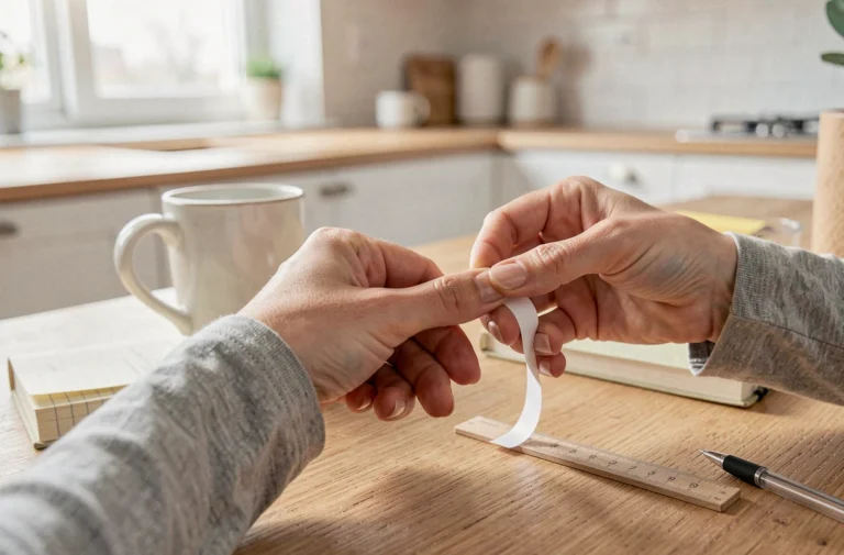 Femme mesurant la taille de son doigt avec une bandelette de papier et une règle en bois sur une table de cuisine