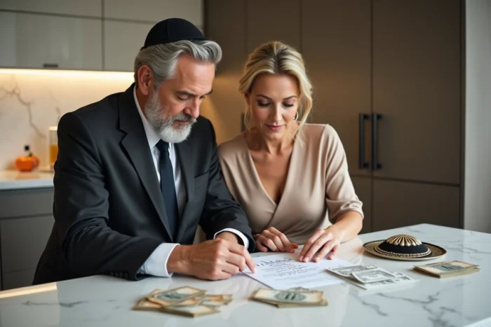 Couple discutant du montant d'un cadeau en cash pour un mariage juif avec une invitation en hébreu