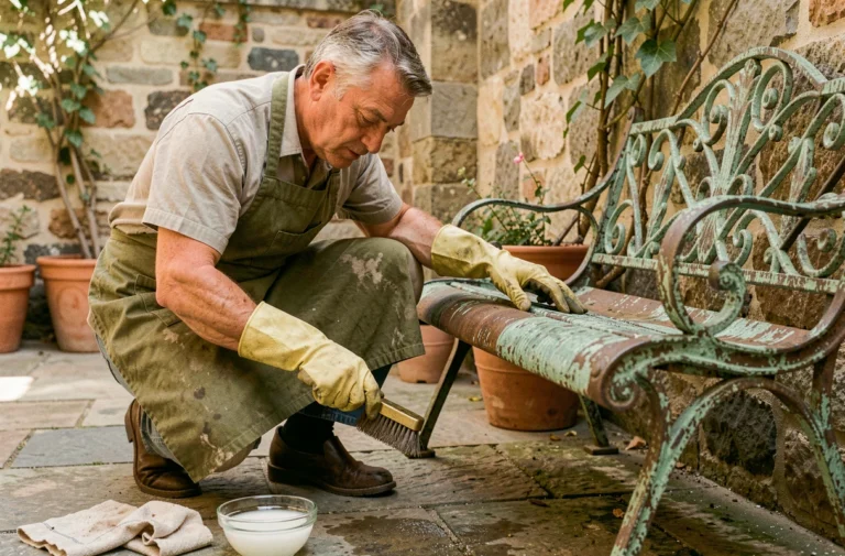 Homme nettoyant le vert-de-gris sur un banc en fer forgé avec une brosse métallique et du vinaigre blanc dans une cour en pierre