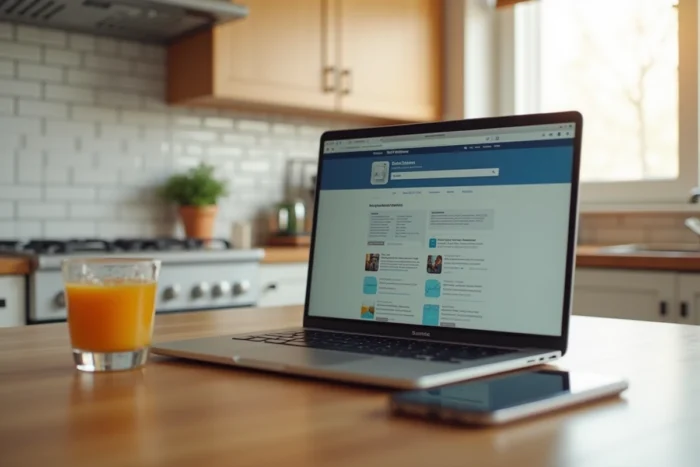 Ordinateur portable ouvert sur un outil de consultation anonyme de stories Instagram posé sur un comptoir de cuisine