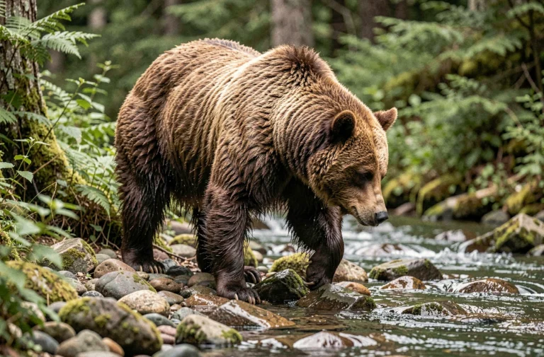 Ours brun omnivore en train de se nourrir au bord d'un ruisseau en forêt, illustrant le comportement alimentaire varié des animaux omnivores