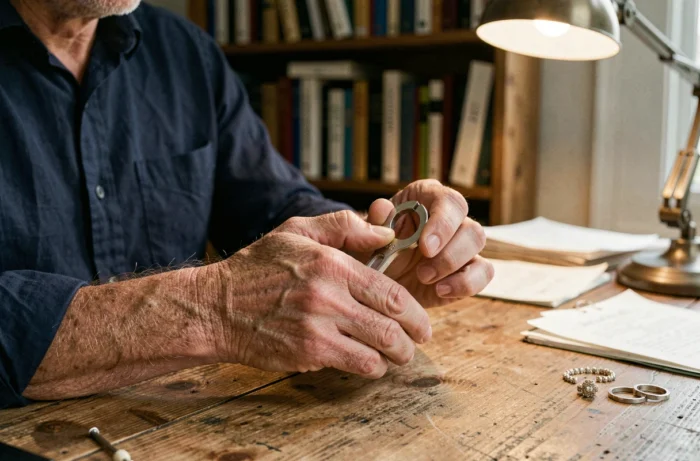 Homme utilisant un outil de mesure de bague en métal pour déterminer la taille de son annulaire
