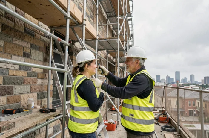 Deux ouvriers en gilets haute visibilité travaillant sur l'échafaudage d'une façade en cours de rénovation