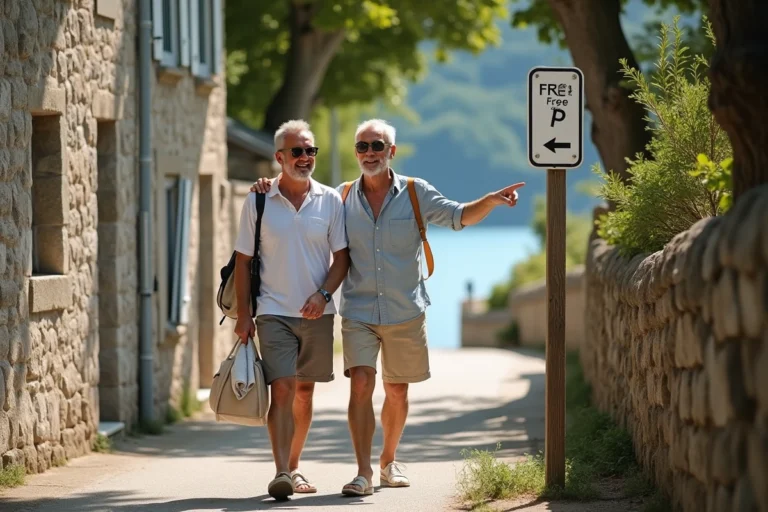 Couple trouvant un parking gratuit près de la plage de Conleau à Vannes, marchant dans une rue bretonne avec panneaux de stationnement