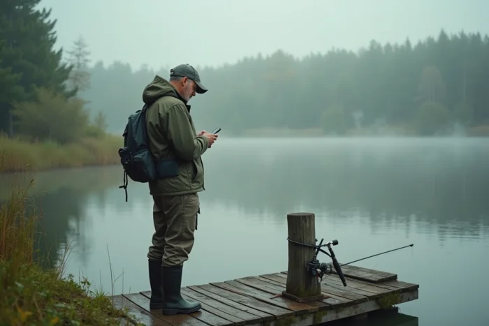 Pêcheur consultant une application de pêche sur smartphone au bord d'un lac tôt le matin sur un ponton en bois
