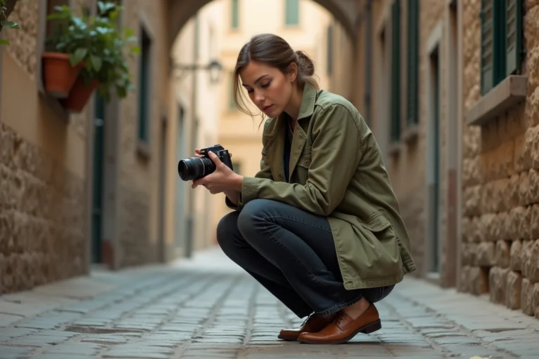 Photographe femme accroupie dans une ruelle pavée européenne, capturant une scène urbaine avec un appareil argentique vintage
