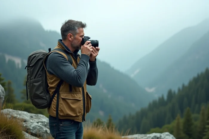 Photographe homme en veste de terrain face à un paysage de montagne brumeux, pratiquant la photographie de nature en extérieur