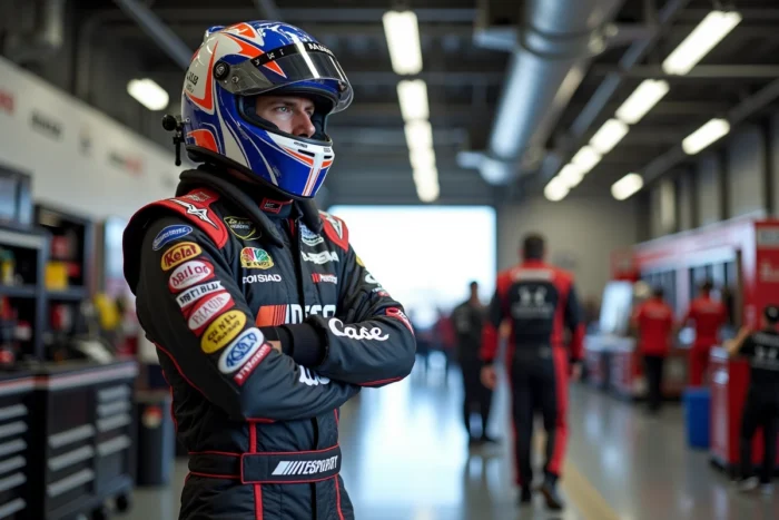 Pilote NASCAR en combinaison ignifugée devant sa voiture dans le garage avant une épreuve
