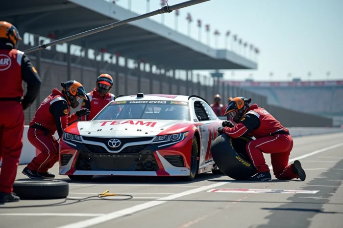 Équipe de mécanique NASCAR effectuant un changement de pneus rapide lors d'un arrêt aux stands en course