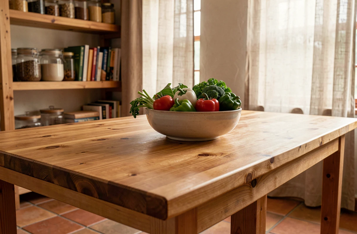 Plan de travail en pin traité à l'huile de lin avec un bol de légumes frais dans une cuisine rustique de style ferme