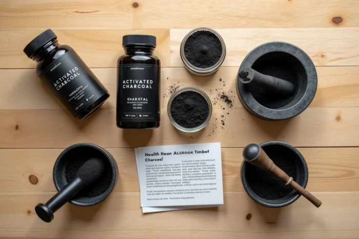 Vue du dessus d'une sélection de produits au charbon actif incluant gélules, poudre et notice sur bois naturel