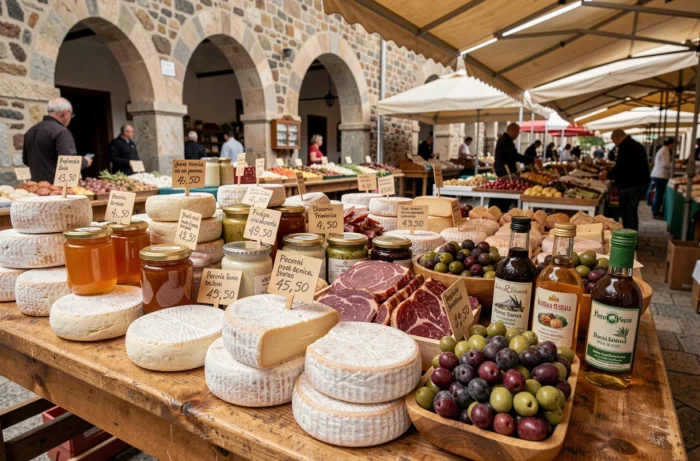 Étals de produits locaux au marché de Porto Torres : fromages pecorino, miel artisanal et charcuteries sardes