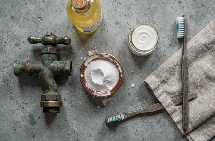 Vue aérienne d'objets en métal oxydé avec vert-de-gris et produits naturels pour le nettoyage sur fond béton