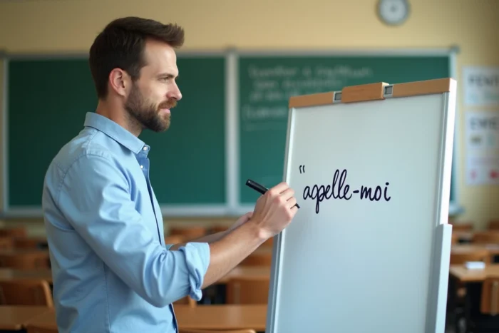 Professeur écrivant le mot appelle-moi au tableau blanc dans une salle de classe, illustrant une leçon de conjugaison et d'orthographe en français