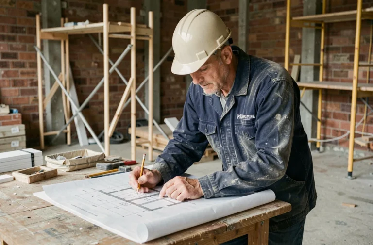 Professionnel du bâtiment examinant des plans architecturaux sur un chantier de rénovation intérieure
