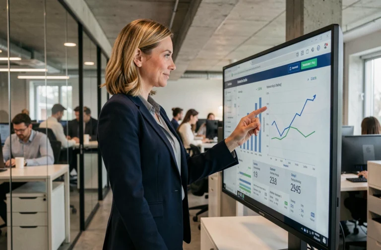 Professionnelle B2B consultant les dernières actualités et tendances du marché sur un écran tactile dans un bureau moderne