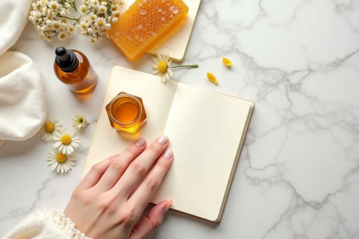 Composition à plat de produits à base de propolis, miel et notes manuscrites sur les remèdes naturels pour les femmes enceintes