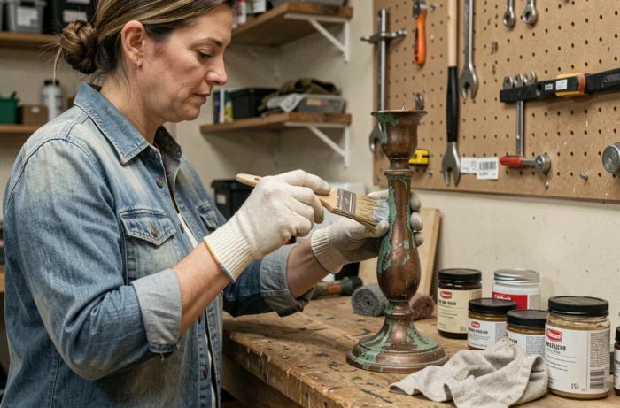 Femme appliquant une cire protectrice sur un chandelier en cuivre oxydé avec du vert-de-gris dans un atelier de bricolage