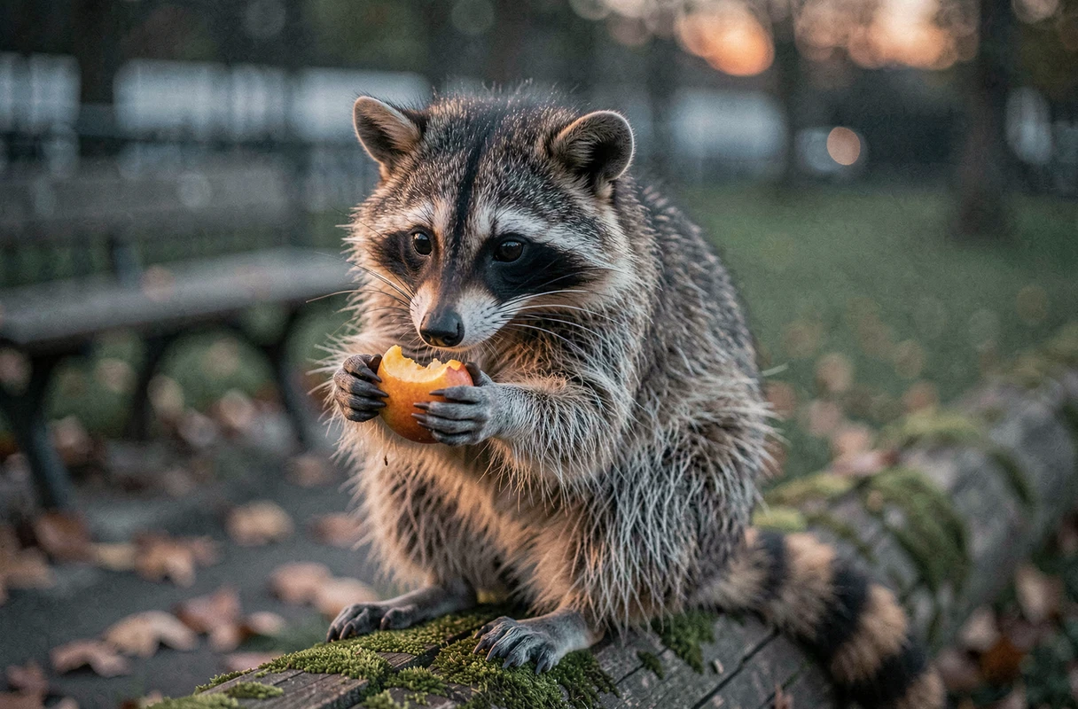 Raton laveur omnivore manipulant un fruit dans un parc urbain, illustrant l'alimentation variée et l'adaptabilité remarquable de cet animal opportuniste