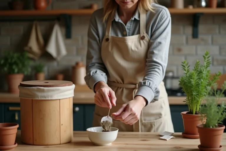 Femme réutilisant des sachets de thé usagés dans une cuisine rustique pour le compostage