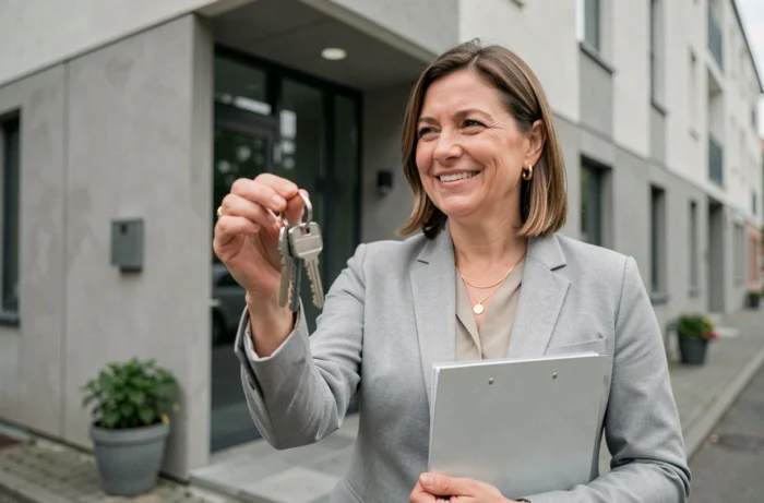 Femme souriante tenant les clés de sa nouvelle maison devant un immeuble moderne après signature chez le notaire