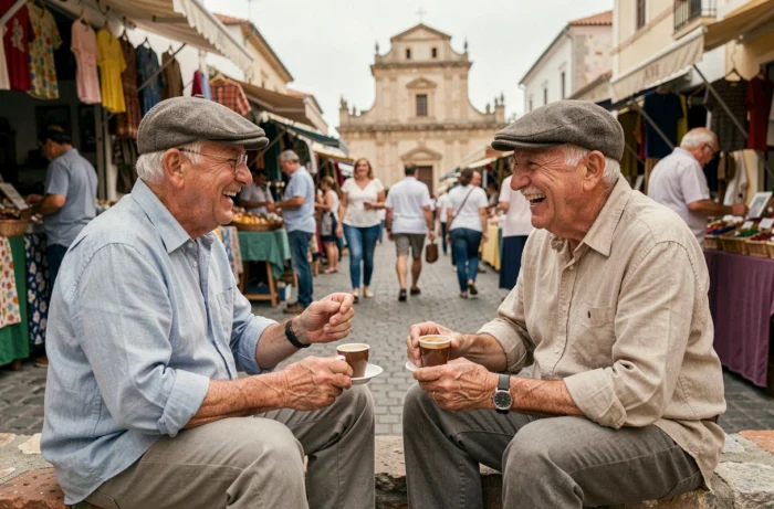 Deux hommes âgés sardes en conversation animée lors d'un marché artisanal à Porto Torres, ambiance locale authentique