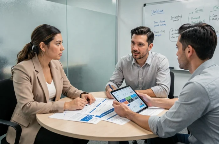 Réunion entre dirigeants de PME et consultant web pour définir une stratégie de présence en ligne