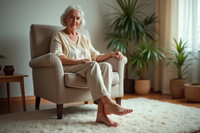 Femme âgée effectuant des rotations de cheville pour favoriser la circulation sanguine des pieds dans son salon