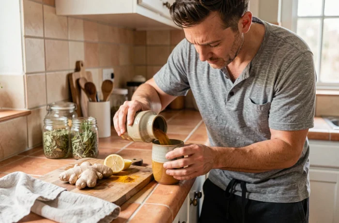 Homme préparant une boisson naturelle au curcuma et gingembre dans une cuisine rustique pour une routine bien-être