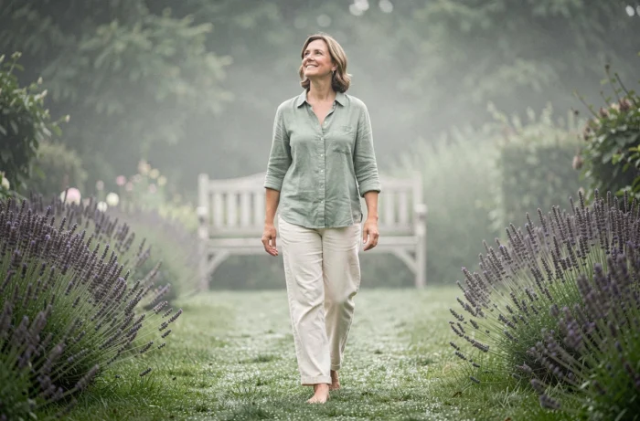 Femme marchant pieds nus dans un jardin matinal brumeux dans le cadre d'une routine bien-être naturelle quotidienne