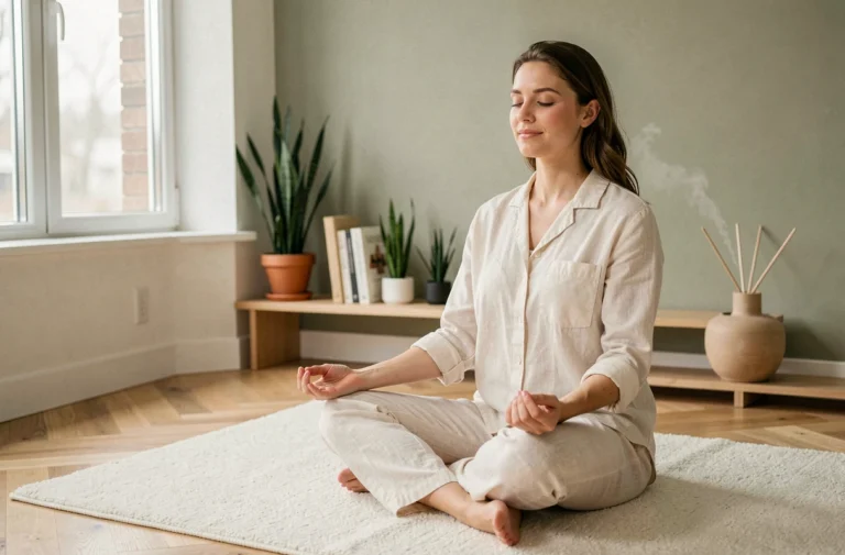 Femme pratiquant la méditation dans un salon minimaliste scandinave pour une routine bien-être au quotidien