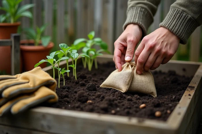 Mains déposant des sachets de thé usagés comme engrais naturel dans un potager