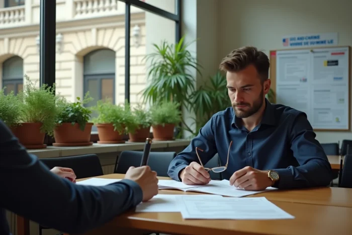 Homme consultant des formulaires consulaires français dans la salle d'attente d'un consulat au Monténégro