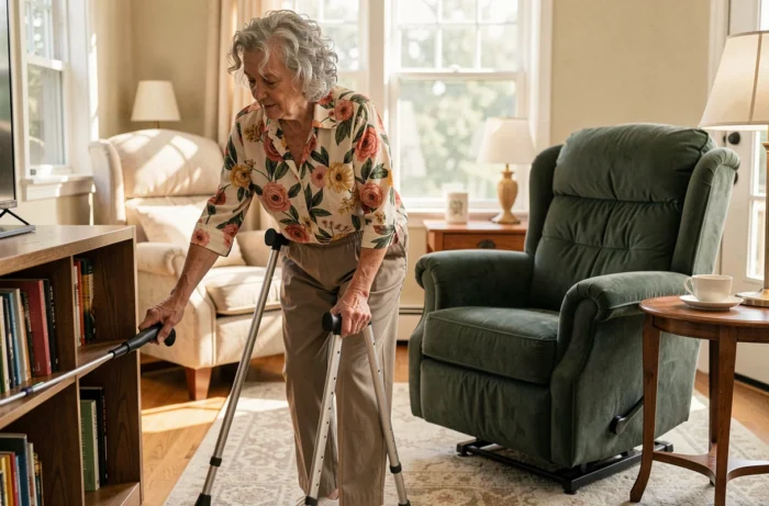 Femme senior debout dans un salon adapté utilisant un fauteuil releveur et un attrapeur-pince pour rester autonome