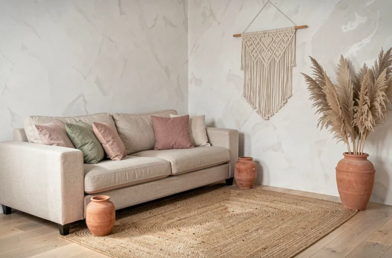 Salon scandinave moderne avec canapé en lin, vases en céramique terracotta et tapis en jute pour une déco tendance et chaleureuse