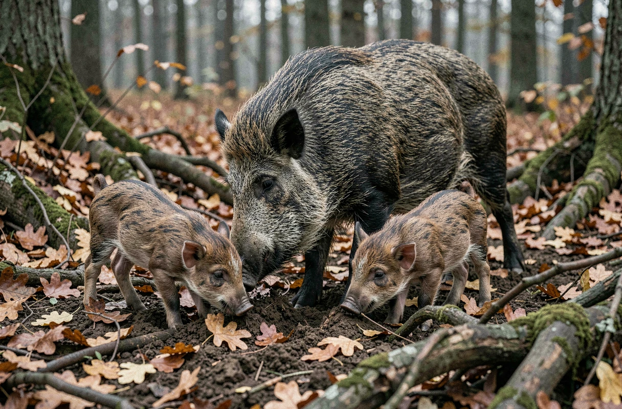 Sanglier omnivore fouillant le sol forestier en automne avec ses marcassins, montrant le comportement alimentaire opportuniste des suidés sauvages