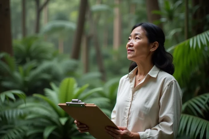 Femme scientifique devant une forêt tropicale préservée dans un pays peu affecté par le changement climatique