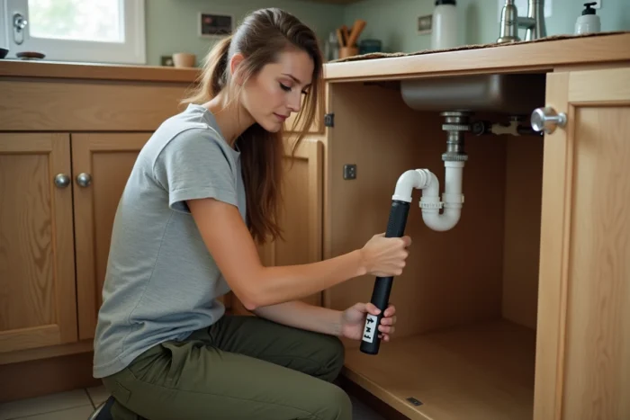 Femme utilisant une clé réglable pour dévisser un raccord PVC sous un évier de cuisine avec repère de direction