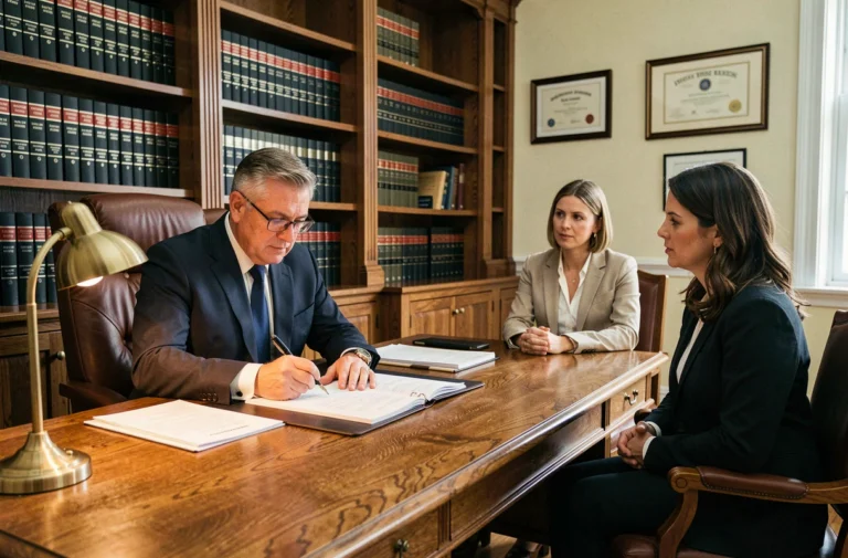 Notaire et couple signant un acte authentique chez le notaire autour d'un bureau en chêne