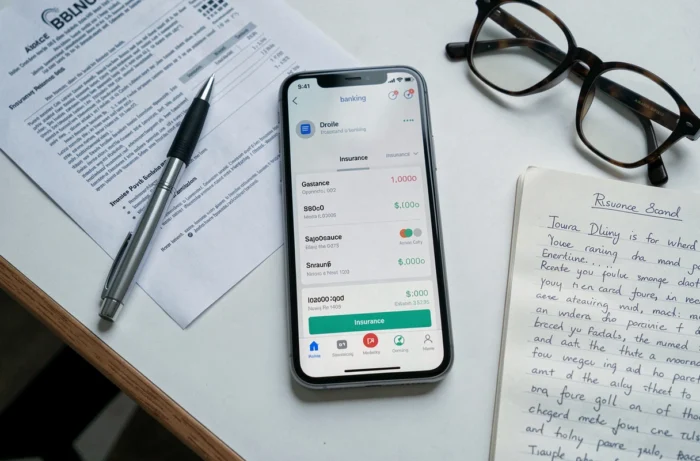 Vue aérienne d'un smartphone affichant un prélèvement assurance IARD Banque Postale avec documents et contrat d'assurance