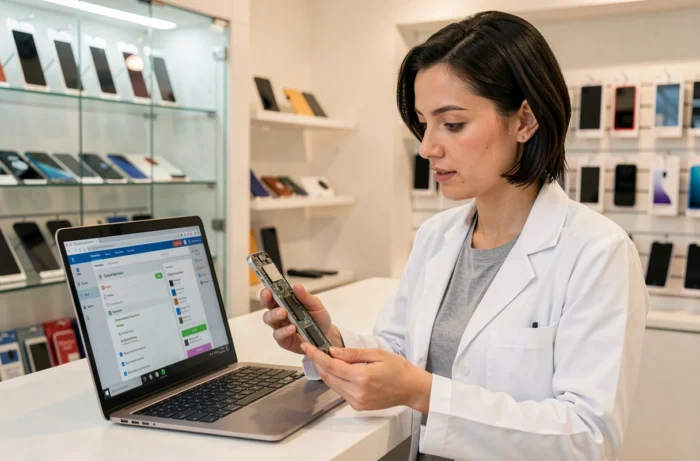 Spécialiste féminine diagnostiquant un smartphone avec un logiciel professionnel dans une boutique technologique