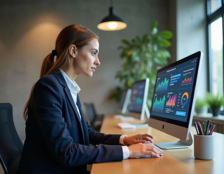 Femme professionnelle analysant des tableaux de bord de marketing digital sur un écran d'ordinateur dans un bureau moderne