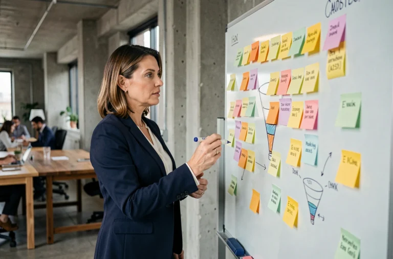 Femme professionnelle analysant une stratégie marketing sur un tableau blanc dans un bureau moderne