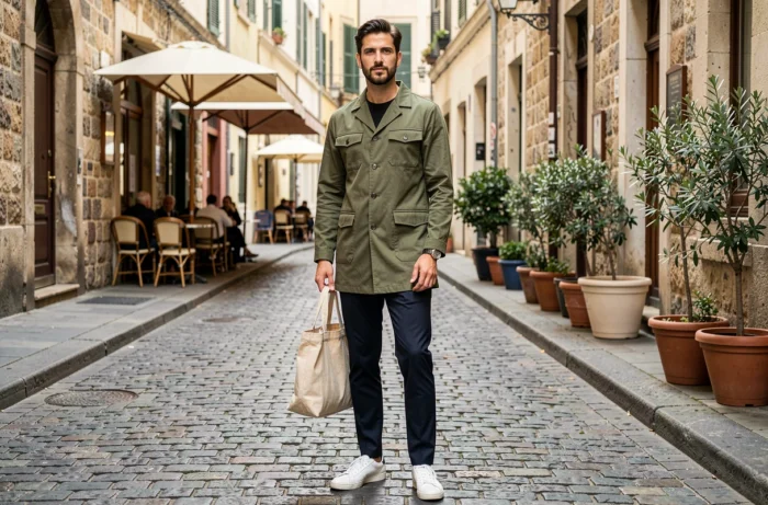 Homme stylé en tenue décontractée aux tons terre avec montre vintage et sneakers blancs dans une rue pavée européenne