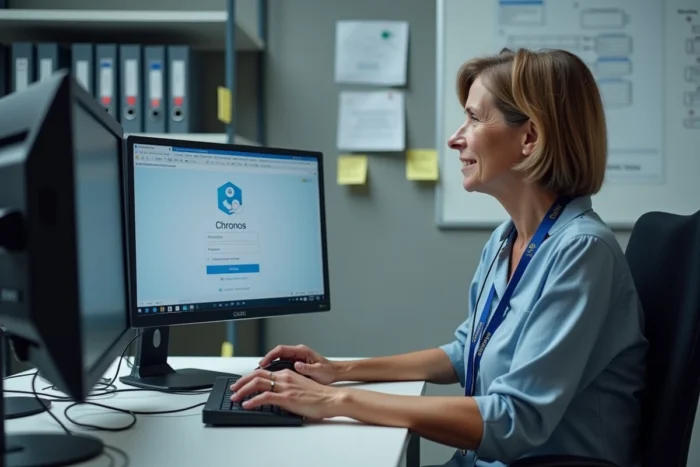 Technicienne informatique aidant un agent à se connecter au logiciel Chronos au CHU Toulouse
