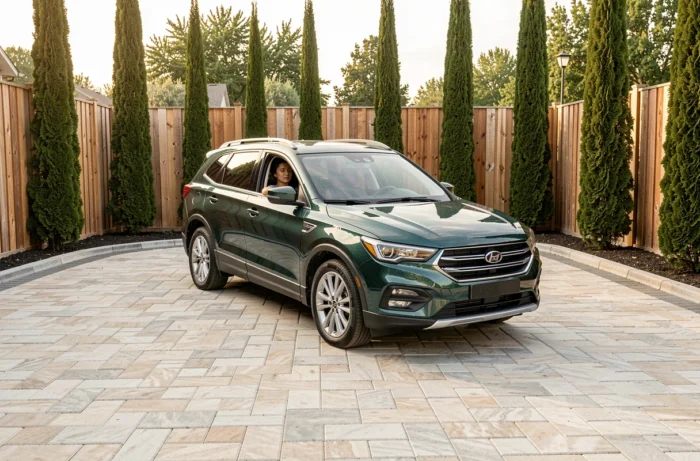 SUV familial effectuant un demi-tour complet dans une cour privée pavée avec une aire de retournement dimensionnée